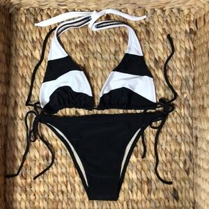 Brazilian Wear Size Large Black and White Striped Bikini Set. New No Tags